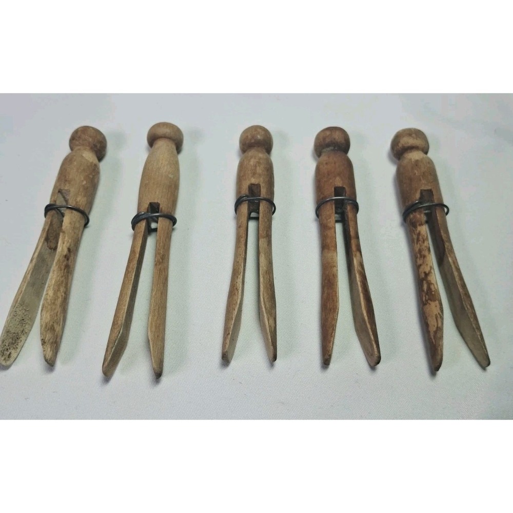 Vintage LOT OF 5 WIRE WRAPPED WOODEN  CLOTHESPINS Look PRIMITIVE